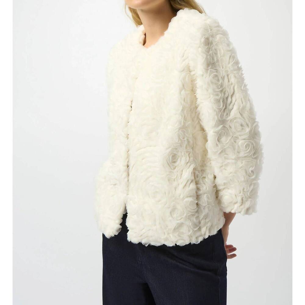 NEW JOSEPH RIBKOFF floral rosette faux fur jacket in vanilla